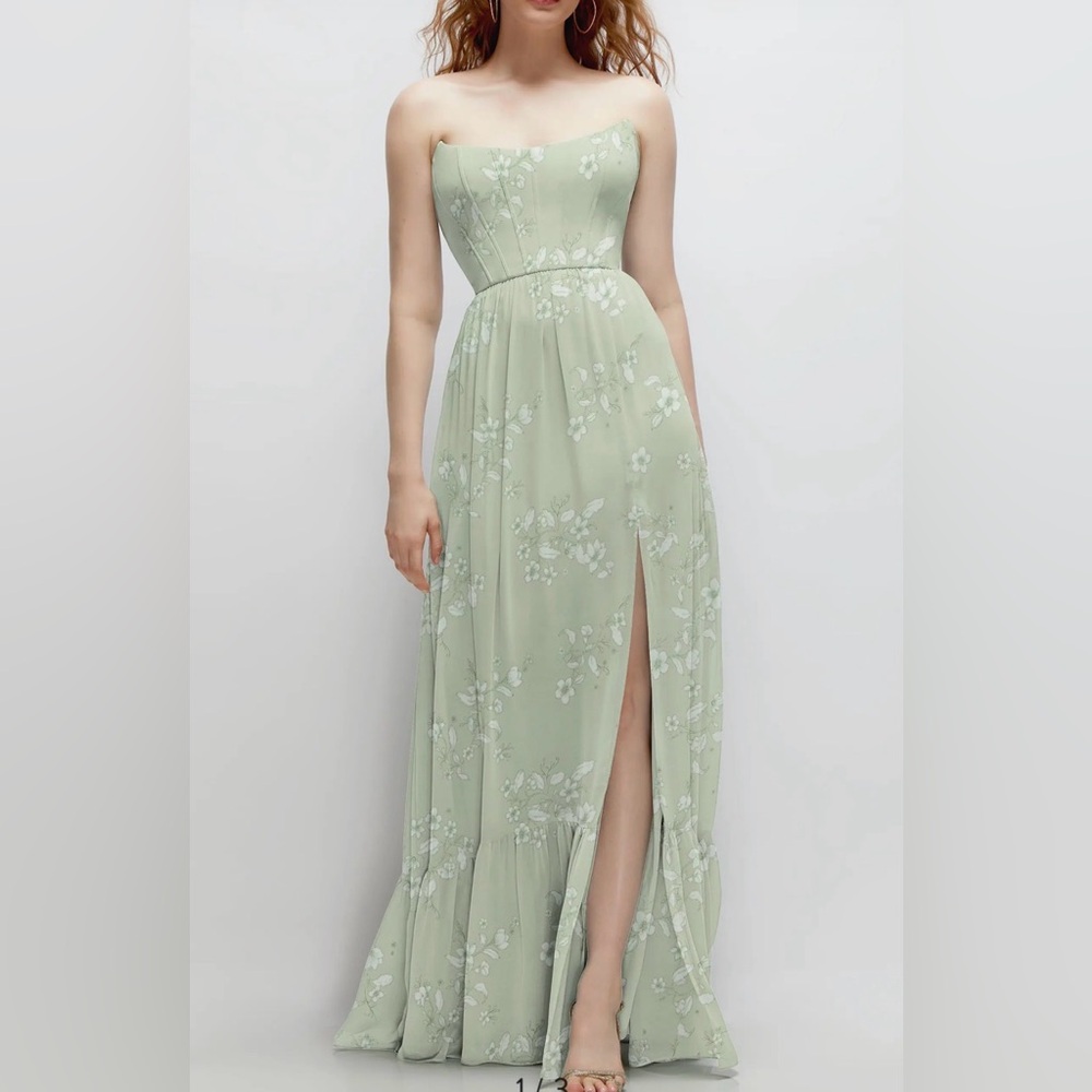 NWOT Dessy Collection Mint Chiffon Corset Strapless Floral Gown, Size 2